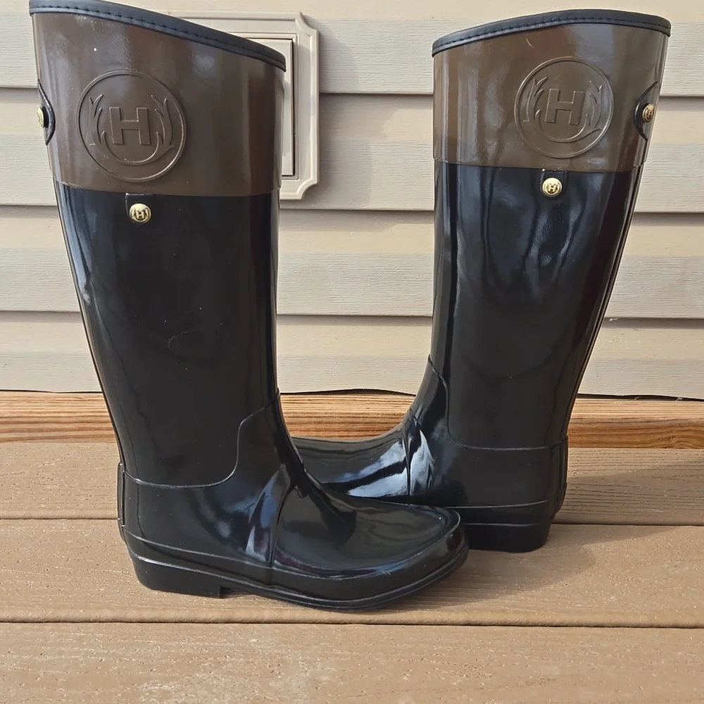 Hunter Regent Carlyle Regal Rain Boots Black And Brown Two-Tone Womens Size 9 - Picture 2 of 12